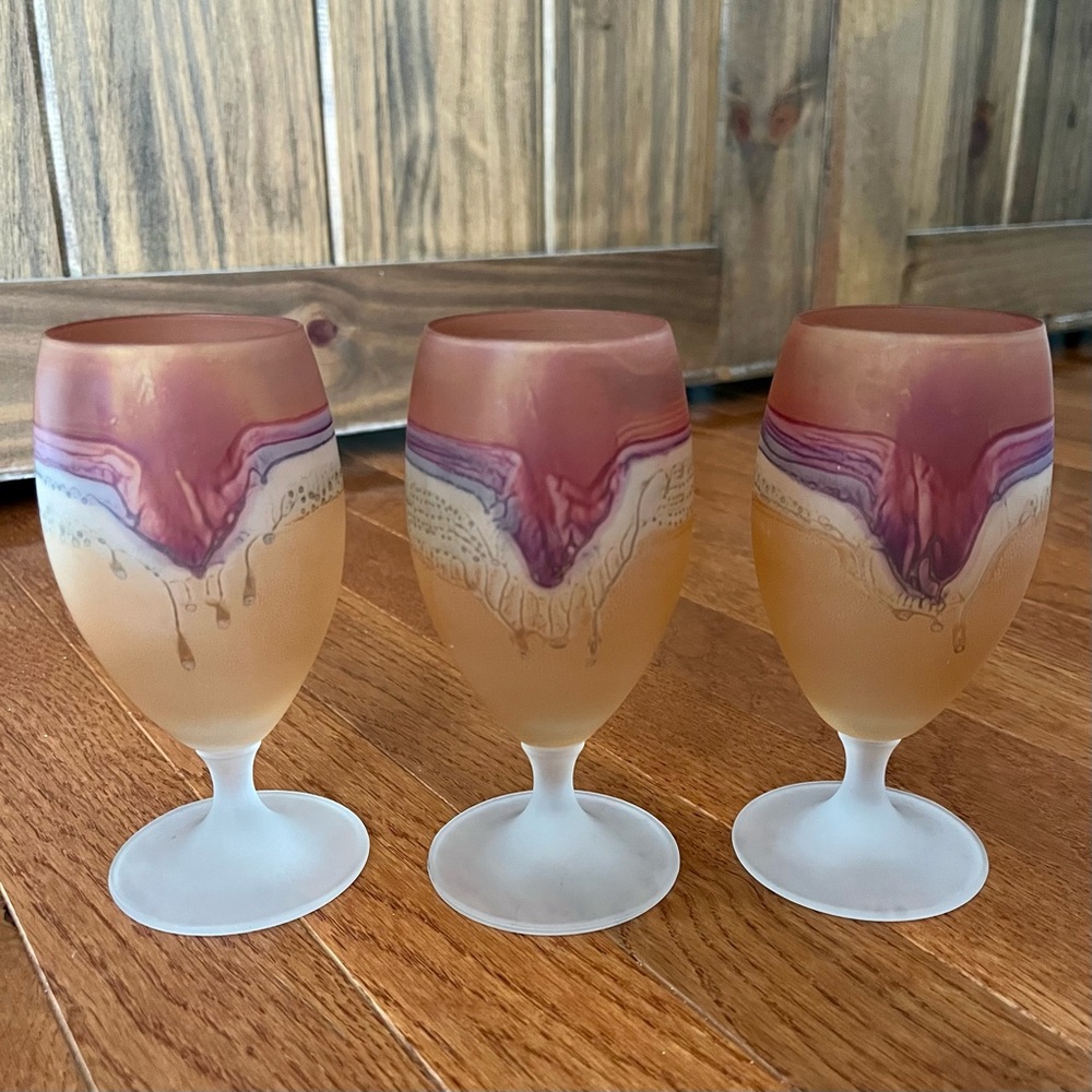 Set Of 3 Rueven Art Nouveau ombre swirl satin stemmed cordial wine glasses
